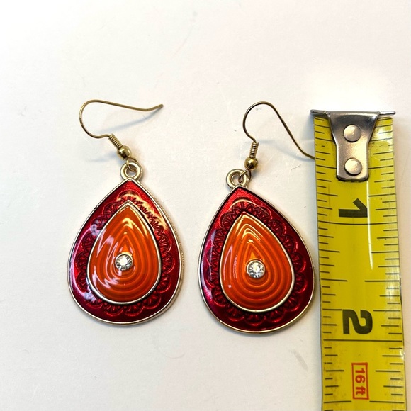 Vintage Dangle Tear Drops Earrings Red Orange With Crystal - Picture 3 of 6